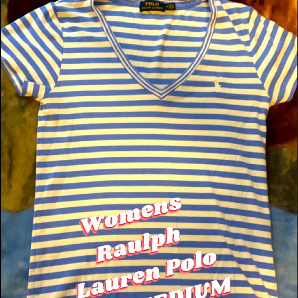 Blue and white striped Raulph Lauren women’s shirt.